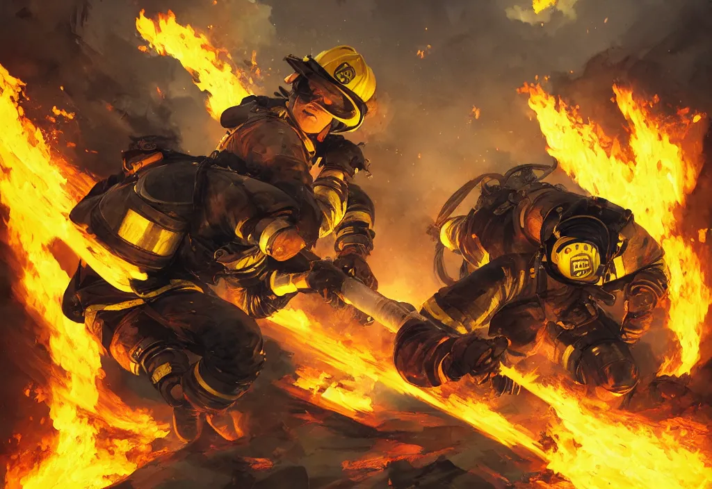 Image similar to one heroic firefighter in action in black and yellow uniform, fire flames, sharp details, sharp focus, realistic, highly detailed, illustration, by jordan grimmer and greg rutkowski and pine ( ハイネ ) and 薯 子 imoko and 香 川 悠 作 and wlop and maya takamura, intricate