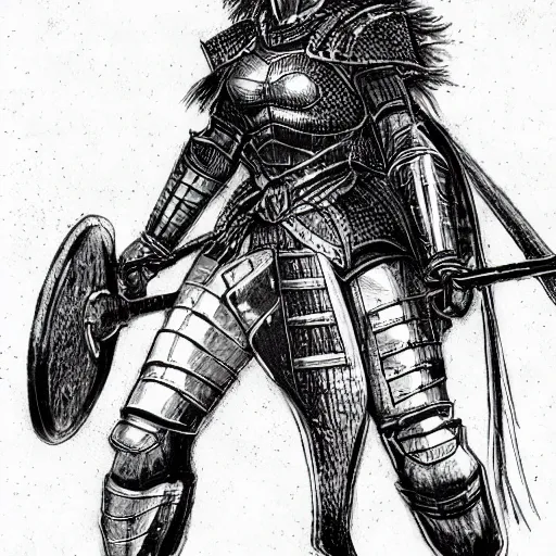 Prompt: female warrior, red hair, black armor, by takehiko inoue, ultra detailled, medieval, manga