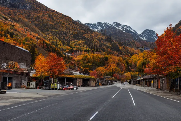 Image similar to warehouses lining a street, with an autumn mountain directly behind, lens compressed, photography