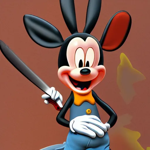 Image similar to laughing bugs bunny stabs mickey mouse with a bowie knife, blood spray, horror, intimidating, insanely detailed, photorealistic, 8 k, trending on artstation.