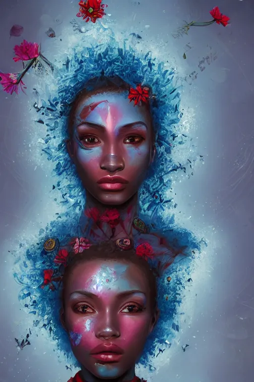 Image similar to portrait of beautiful young maiden, warhammer, afro style, more and more cyberpunk, a lot of more scars, more and more flowers, blue head, some red water, the middle ages, highly detailed, artstation, illustration, artgerm sylvari portrait, 8 k quality, art by max ernst