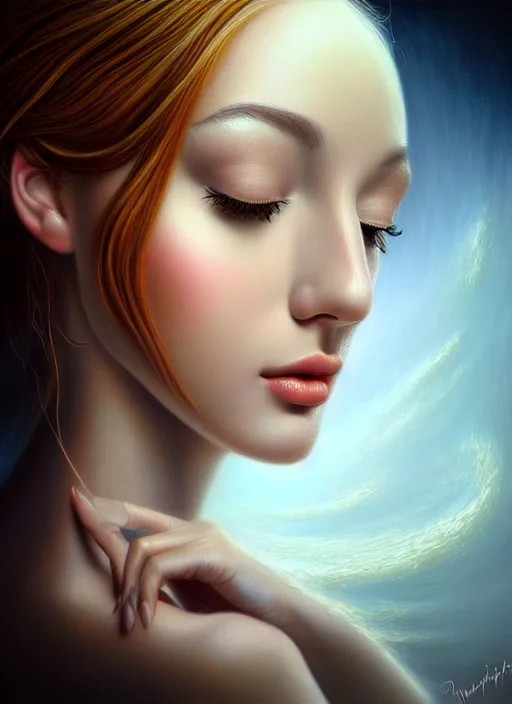 Image similar to difference between realityand dream, aesthetic, fine art, intricate, elegant, highly detailed, realistic hair, centered, digital painting, art station, conceptual art, soft, sharp focus, illustration, artwork, artgerm, salvador dali