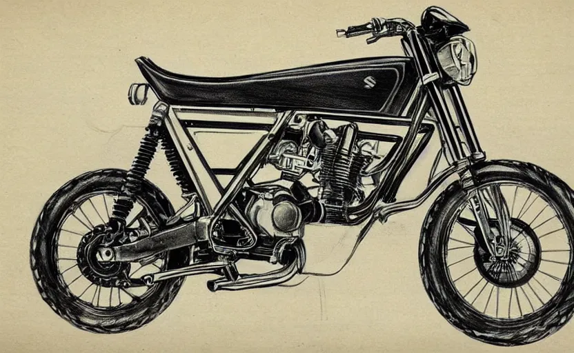 Image similar to 1 9 7 0 s suzuki enduro motorcycle concept, sketch, art,