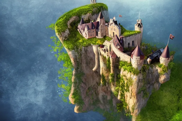 Image similar to an enchanting castle on a cliff by gediminas pranckevicius, overlooking a beautiful landscape, aerial view