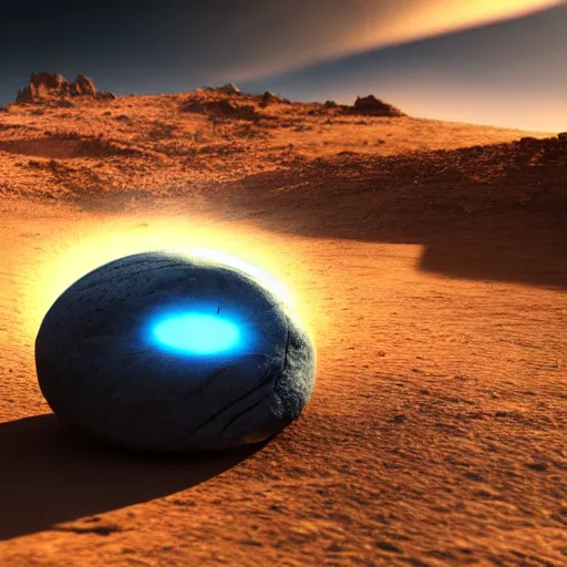 Image similar to A rocky desert scene with a little blue alien boy being chased by a little chrome flying disk, drone, 4K UHD, wallpaper, artstation, photorealism, dramatic lighting, Dune style