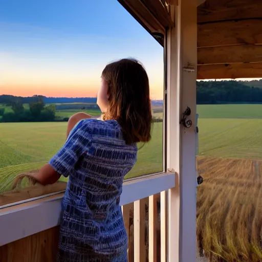 Image similar to a girl looking out of her small deck looking at the large fields in the countryside during sunrise