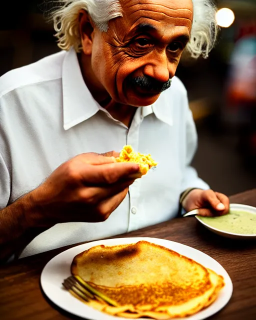 Image similar to A photo of Albert Einstein eating masala dosa, highly detailed, trending on artstation, bokeh, 90mm, f/1.4