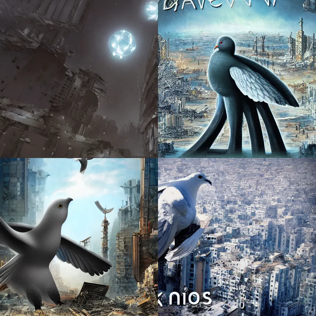 Prompt: text nikitos, giant dove with the destroys a futuristic city