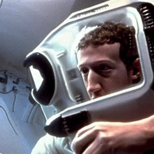 Image similar to a broken mark zuckerberg android leaking white fluid on the spaceship Nostromo from the movie Alien.