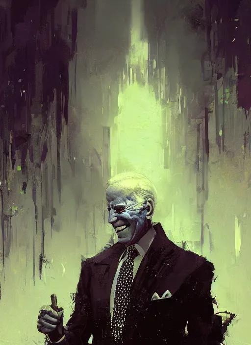 Prompt: Joe Biden grinning emperor of the world, high contrast, cosmic horror, abstract, masterpiece, trending on ArtStation, by Greg Rutkovski and by Craig Mullins and by David Cronenberg and by Ismail Inceoglu, very detailed, lovecraftian, dark, evil
