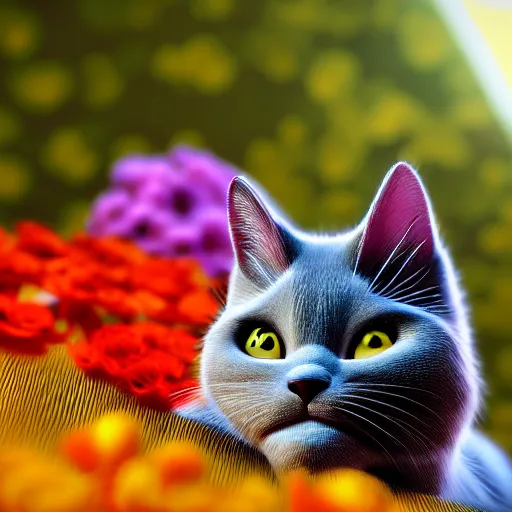 Image similar to tabi cat with flowers, anime, disney, pixar, 8 k, hd, dof, kodak film, volumetric lighting, subsurface scattering, photorealistic, octane render, details