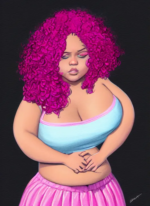 Image similar to full body portrait, teenage vanessa morgan, pink hair, obese, curly pixie hair, sultry, realistic, short hair, hoop earrings, skirt, shirt, fat, belly, black girl, intricate, elegant, highly detailed, digital painting, artstation, concept art, smooth, sharp focus, illustration, art by wlop, mars ravelo and greg rutkowski