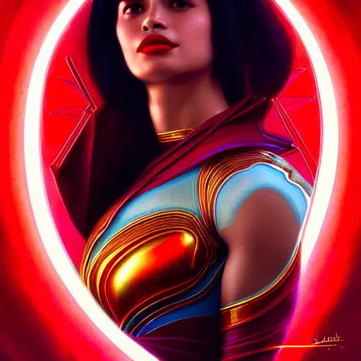 Prompt: anne curtis as darna, volumetric lights, red and cyan theme, art nouveau botanicals, intricate, highly detailed, digital painting, artstation, concept art, smooth, sharp focus, cinematic, illustration, beautiful face, art by artgerm and greg rutkowski and alphonse mucha