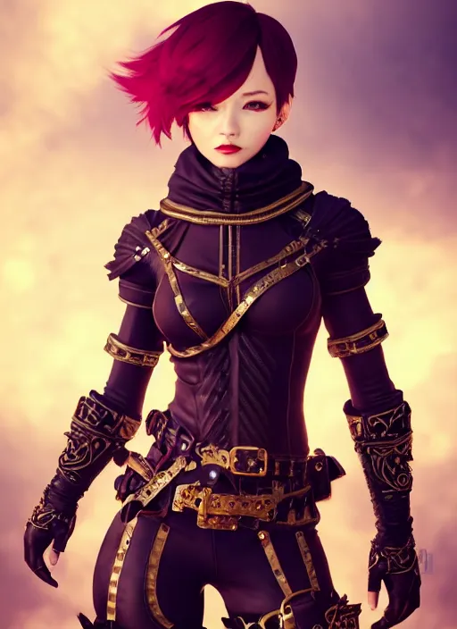 Image similar to rogue, fantasy ornate leather bandit outfit!!! beautiful and athletic short hair female!! gorgeous face and eyes!! character concept art, sharp focus, octane render! unreal engine 5! highly rendered!! trending on artstation!! detailed linework!! illustration by wlop, chie yoshii, and artgerm