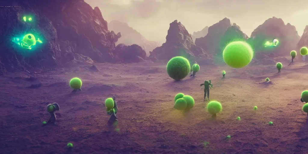 Image similar to a cinematic poster photo of 8 k ultra realistic alien tennis ball monsters, exotic, cinematic lighting, trending on artstation, 4 k, hyperrealistic, focused, high details, unreal engine 5, cinematic, alien planet atmosphere in background, 3 d render by beeple