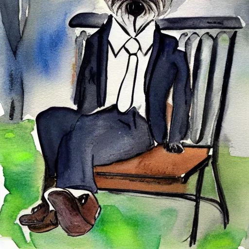 Image similar to a carin terrier wearing a suit, sitting on a park bench in central park, watercolor