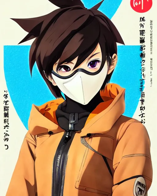 Image similar to Anime as Tracer Overwatch wearing snowboard mask, wearing brown leather coat || cute-fine-face, pretty face, realistic shaded Perfect face, fine details. Anime. realistic shaded lighting poster by Ilya Kuvshinov katsuhiro otomo ghost-in-the-shell, magali villeneuve, artgerm, Jeremy Lipkin and Michael Garmash and Rob Rey as Overwatch Tracer