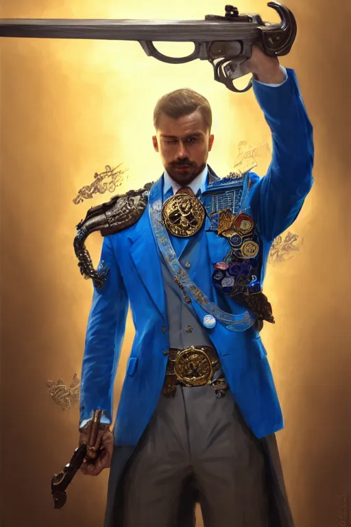 Image similar to a man in a blue suit with medals on it holding a sword in one hand and a pistol in the other hand, highly detailed, d & d, fantasy digital painting, trending on artstation, concept art, sharp focus, illustration, global illumination, ray tracing, realistic shaded, ruan jia, randy vargas, greg rutkowski