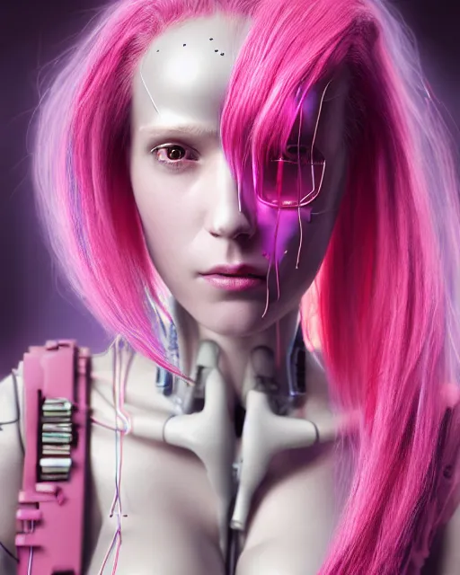 Image similar to portrait of a beautiful french woman with pink hair as a cyberpunk cyborg half robot, skin open to reveal wires and electronics, sci - fi, missing panels, intricate abstract upper body intricate artwork, concept art, octane render, deviantart, cinematic, key art, hyperrealism, iridescent accents, portrait photograph, nikon 3 5 mm, photograph by greg rutkowski