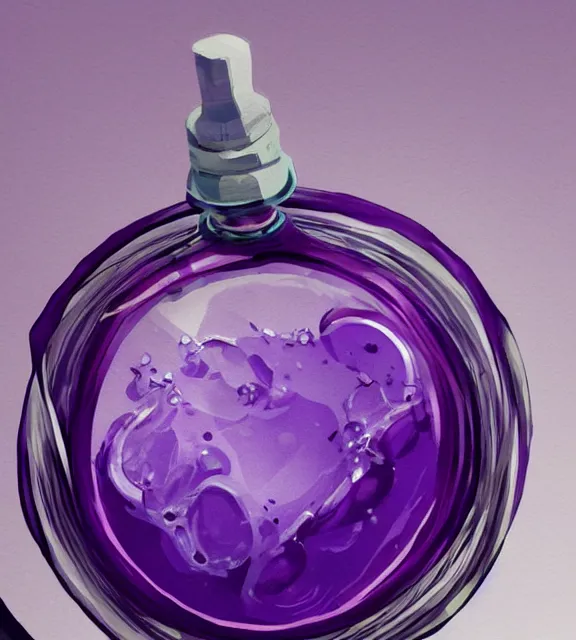 Image similar to a closeup of a purple potion in a round bottle on a messy desk. by makoto shinkai, stanley artgerm lau, wlop, rossdraws, james jean, andrei riabovitchev, marc simonetti, krenz cushart, sakimichan, d & d trending on artstation, digital art