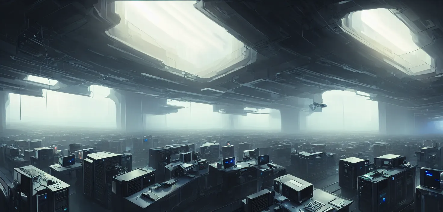 Image similar to computers, wired in, in a highly detailed server room with computers everywhere, cinematic view, epic sky, detailed, concept art, low angle, high detail, warm lighting, volumetric, godrays, vivid, beautiful, trending on artstation, by jordan grimmer, huge scene, art greg rutkowski