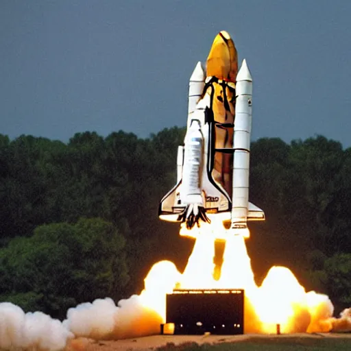 Prompt: a space shuttle made out of cardboard lifts off, photograph