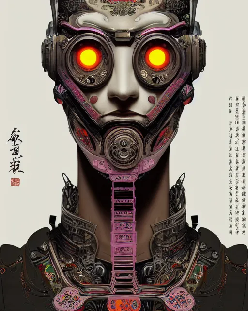 Image similar to portrait of a cyberpunk machine, machine face, upper half portrait, decorated with chinese opera motifs, asian, fine china, traditional chinese art, intricate, elegant, highly detailed, symmetry, headpiece, digital painting, artstation, concept art, smooth, sharp focus, illustration, art by artgerm and greg rutkowski and alphonse mucha, 8 k