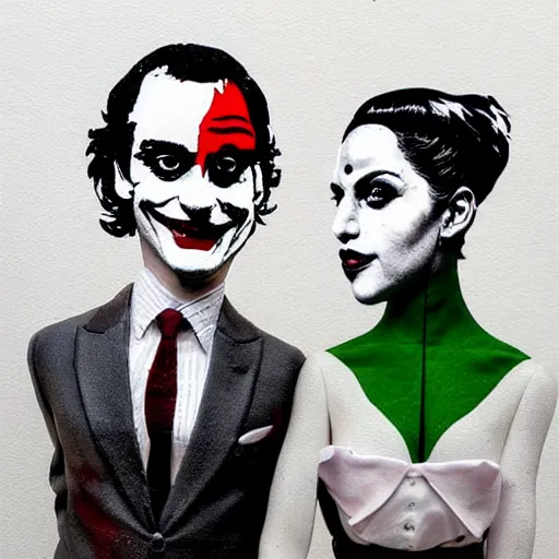 Prompt: mimmo rottela and banksy as joaquin phoenix skinny joker holding hand lady gaga harley queen, very realistic, intricate details, pop art style, concept art, confident, love, random object movement, 3 colours, arstation trending, proportional body, warm color, 4 k, ultra smooth, sharp focus