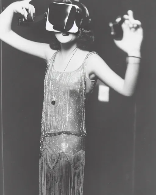 Image similar to 1 9 2 0 s photo of a flapper girl wearing a vr headset on a stage in a speakeasy