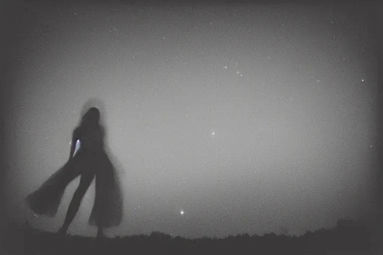 Image similar to blured shadow of dancing young woman on night vision, focused background night sky with stars, polaroid photo