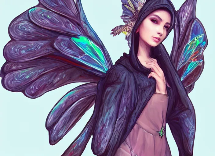 Image similar to a fairy with big wings wearing a hoodie, street fashion outfit, haute couture fashion shoot, fairy, d & d, fantasy sticker illustration, artstation