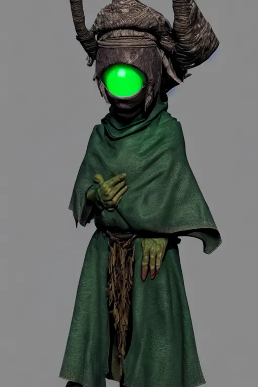 Image similar to A cute shaman with no nose, glowing eyes and a very long hooded dark green cloak of leaves by Julien Kaspar, 3D render, stylized, Cycles Render