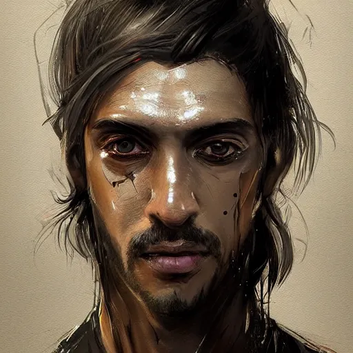 Prompt: Portrait of a man by Greg Rutkowski, he is about 30 years old, indian, cybernetic eyes implants, messy long black hair, slim and tall, he is wearing utilitarian beige black jumpsuit, highly detailed portrait, digital painting, artstation, concept art, smooth, sharp foccus ilustration, Artstation HQ.