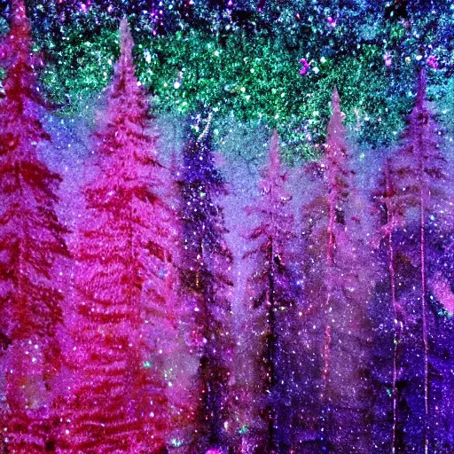 Image similar to glitter iridescent forest, glitter cosmic color dust and mist