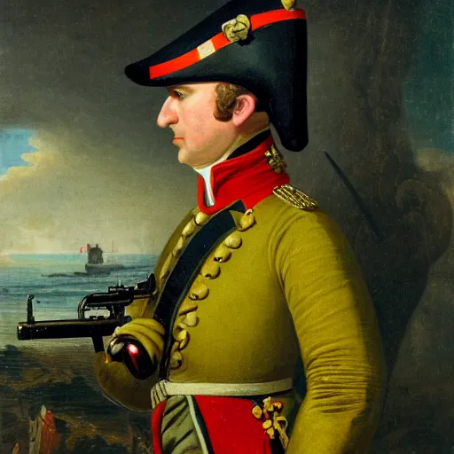 Prompt: a shrimp - faced soldier in a napoleonic uniform with a modern machine gun against a green sea background