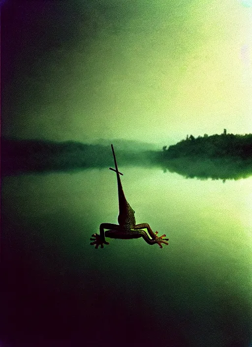 Image similar to “unicorn frog vertically hovering above misty lake waters in jesus christ pose, low angle, long cinematic shot by Andrei Tarkovsky, paranormal, eerie, mystical”