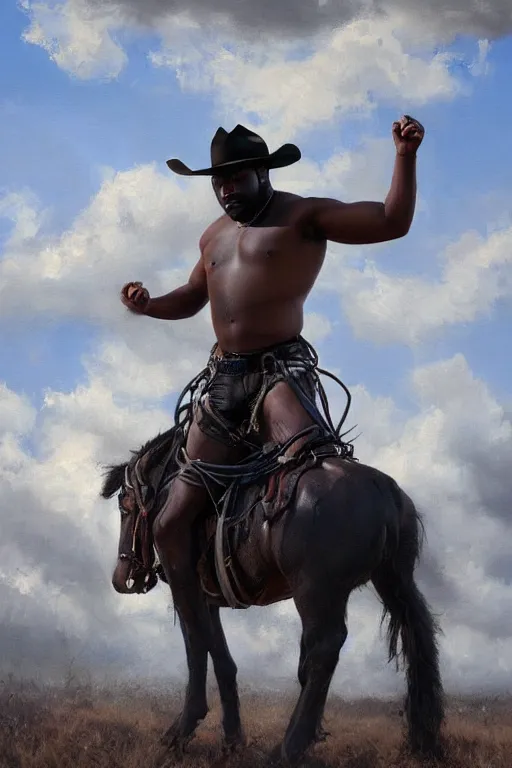 Prompt: a beautiful dramatic epic painting of a thicc handsome shirtless black man | he is wearing a leather harness and cowboy hat | prairie setting | homoerotic, highly detailed, dramatic lighting | by Mark Maggiori, by William Herbert Dunton, by Charles Marion Russell | trending on artstation