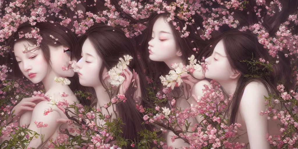 Prompt: breathtaking detailed concept art painting of the kissing goddesses of cherry blossom flowers, orthodox saint, with anxious, piercing eyes, ornate background, amalgamation of leaves and flowers, by Hsiao-Ron Cheng, James jean, Miho Hirano, Hayao Miyazaki, extremely moody lighting, 8K