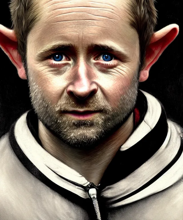 Prompt: a detailed fifty mm portrait of billy boyd as a hobbit in a black adidas track suit with white stripes, headshot, highly detailed, digital painting, artstation, concept art, sharp focus, cinematic lighting, illustration, art by met mangindaan, artgerm and greg rutkowski, alphonse mucha, cgsociety