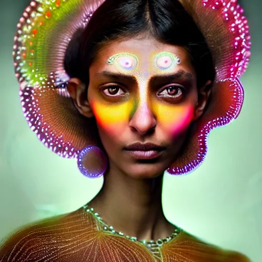 Prompt: a close - up shot of a brown woman wearing a luminous armor made of neon jelly fishes. soft lighting. fragile. haunting eyes!! coherent face!! no makeup!! muted colors. by ray caesar. by louise dahl - wolfe. by andrea kowch. surreal photography