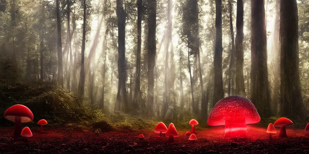 Prompt: Photo by Filip Hodas of the cinematic view of the Forest of the Giants, giant mushroom with a little transparency, some normal mushrooms on the floor, A very big red mushroom with white spots , photorealism, a few sun ray of lights falling, photo taken with canon 5D