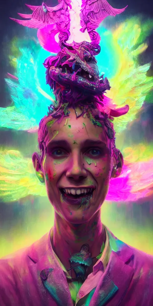 Image similar to impossibly beautiful portrait, dapper dream demon, wings, bad trip, insane smile, intricate complexity, surreal horror, inverted neon rainbow drip paint, trending on art station, photoreal, 8 k, octane render by greg rutkowski