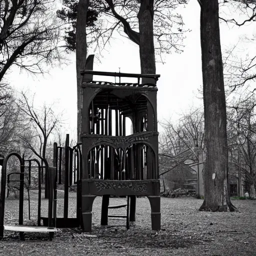 Prompt: an abandon playground with a tall dark ominous figure standing infront of it, liminal, dark, highly detailed,