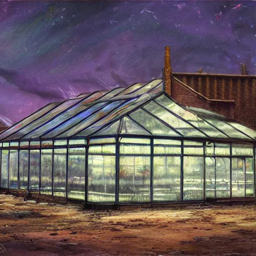 Prompt: concept art of an abandoned greenhouse at night with subtle psychedelic alterations by john howe and henry ossawa tanner, trending on artstation, hyperrealism, highly detailed, art gallery, museum piece