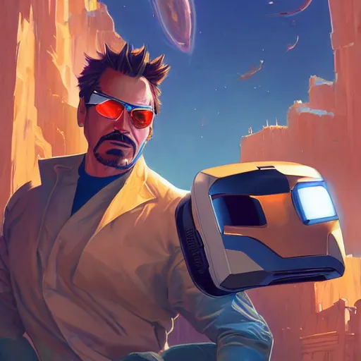 Image similar to tony stark wearing vr goggles and a big beard, by jesper ejsing, by rhads, makoto shinkai and lois van baarle, ilya kuvshinov, rossdraws global illumination