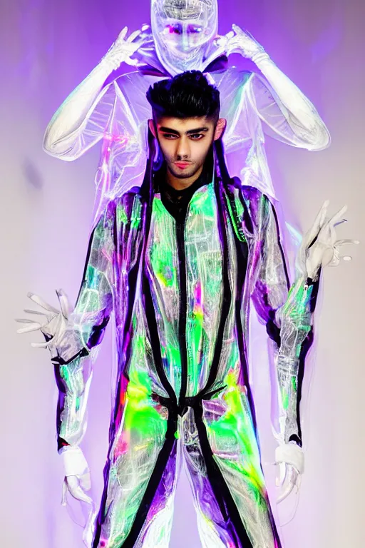 Image similar to full-body baroque and cyberpunk style neon statue of a attractive translucent Zayn Malik as a humanoid deity wearing a thin see-through plastic hooded cloak sim roupa, posing like a superhero, glowing white face, crown of white lasers, large diamonds, swirling white silk fabric. futuristic elements. oozing glowing liquid, full-length view. space robots. human skulls. throne made of bones, intricate artwork by caravaggio. Trending on artstation, octane render, cinematic lighting from the right, hyper realism, octane render, 8k, depth of field, 3D