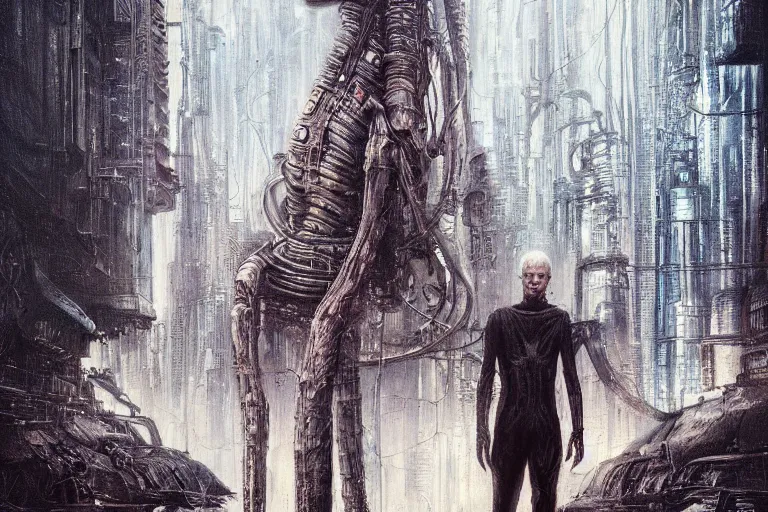 Image similar to highly detailed concept art of neuromancer characters, dystopian post - apocalyptic retrofuturistic neon vibe, an ultrafine detailed painting by hans giger and wayne barlowe, trending on deviantart, pop surrealism, whimsical, lowbrow, perfect symmetrical face, sharp focus, octane, masterpiece