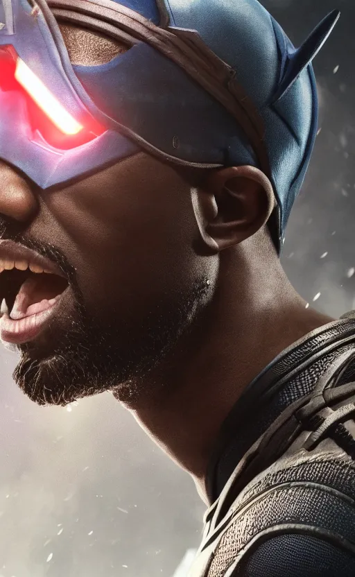 Image similar to Portrait of Kanye West as Captain America in Skyrim, splash art, movie still, cinematic lighting, dramatic, octane render, long lens, shallow depth of field, bokeh, anamorphic lens flare, 8k, hyper detailed, 35mm film grain