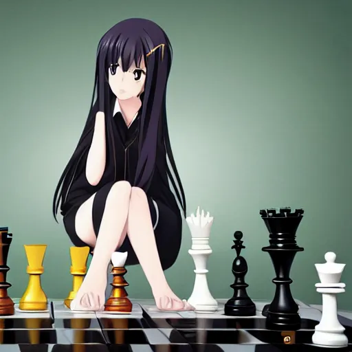 Prompt: anime picture of long black hair anime girl pondering next to a chess set, pixiv