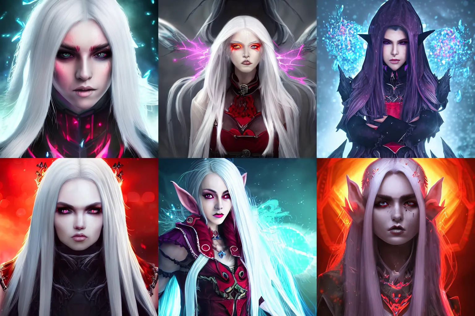 Prompt: a necromancer character, symmetrical female face game portrait, long white hair, spiky elf ears, ultra HD, ambient light background with particles, rim light on character, toned colours, red clothes, light skin, real life league of legends style, Super detailed